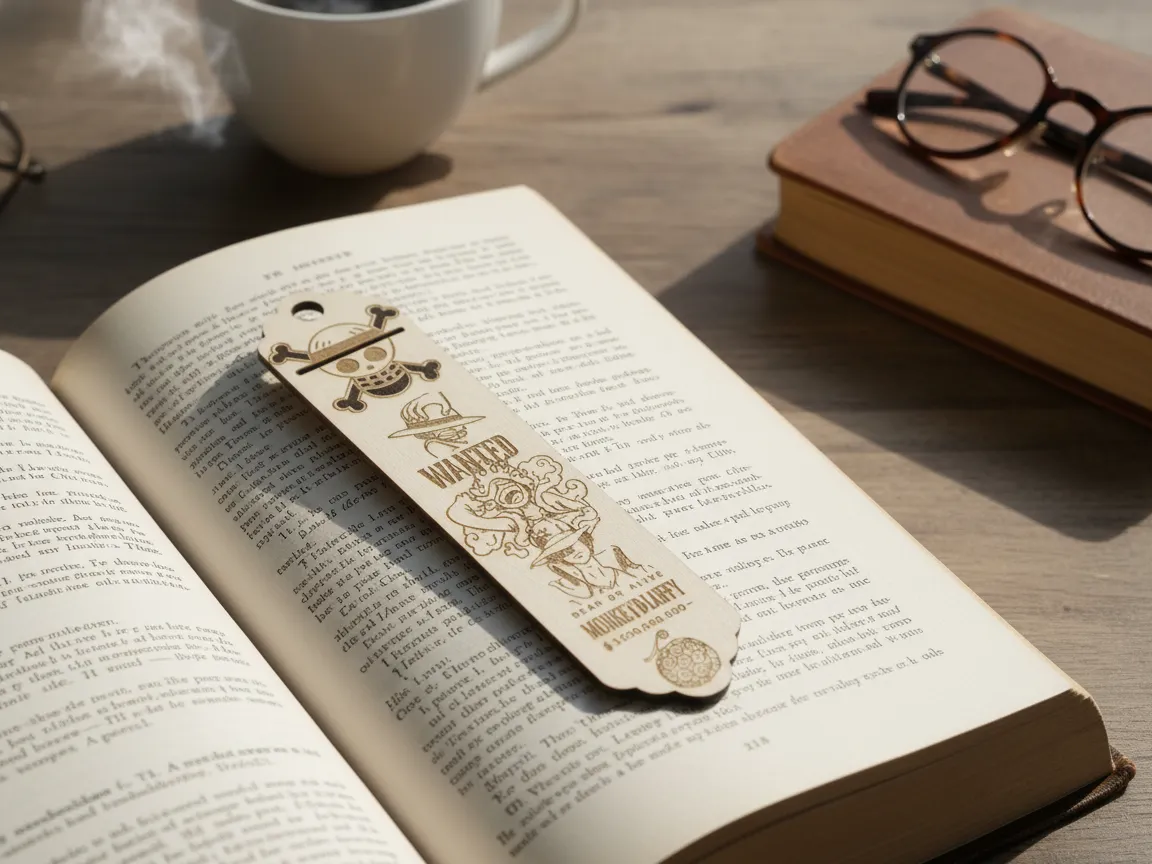 Wood engraved bookmark with Luffy wanted poster and Jolly Roger skull gift idea