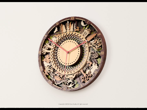 [Laser cut and engrave] Layered Woodland Forest Scene Wall Clock with Roman Numerals