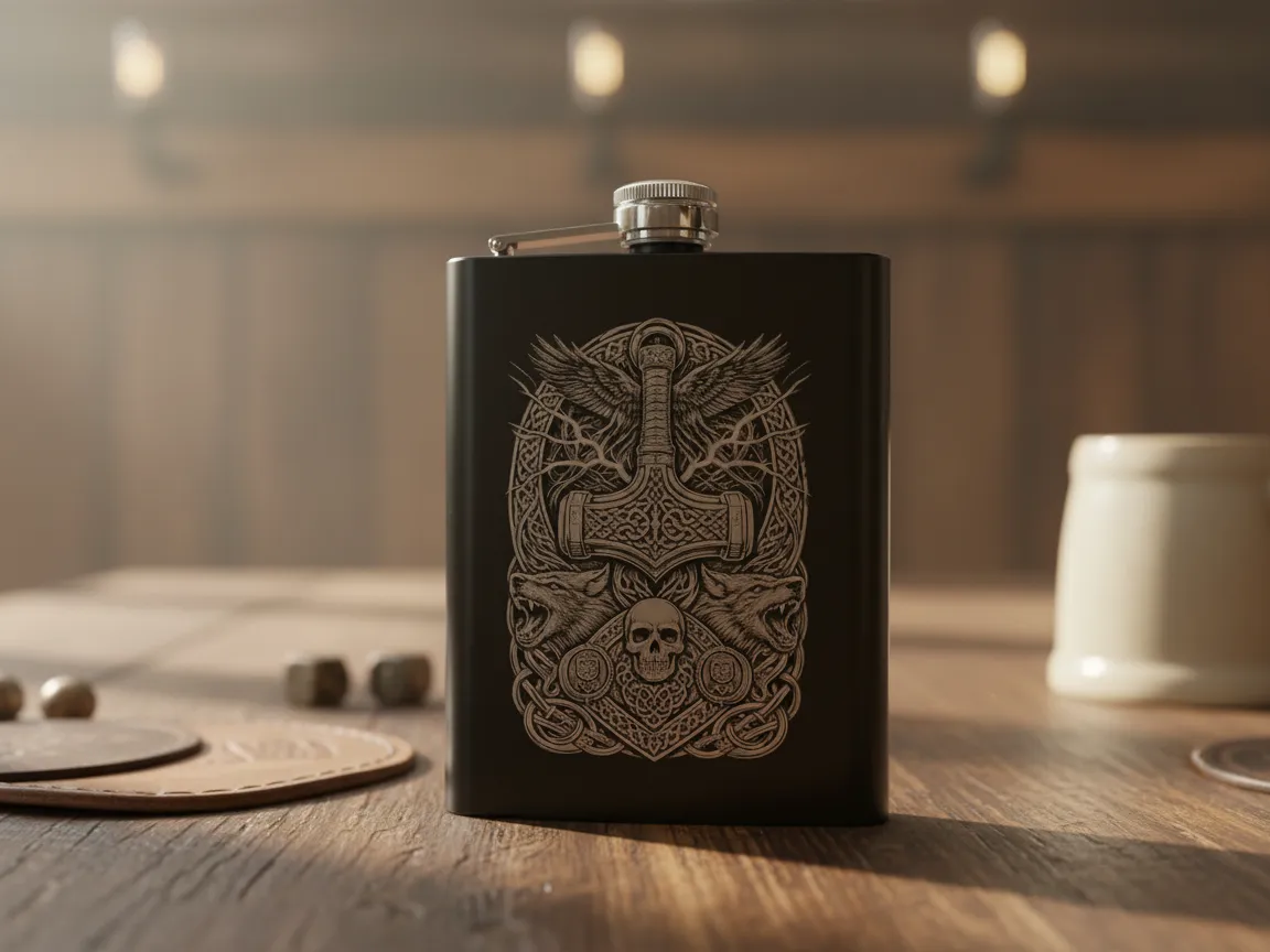 Black Metal Flask with Intricate Viking Hammer Laser Engraving groomsmen gift idea