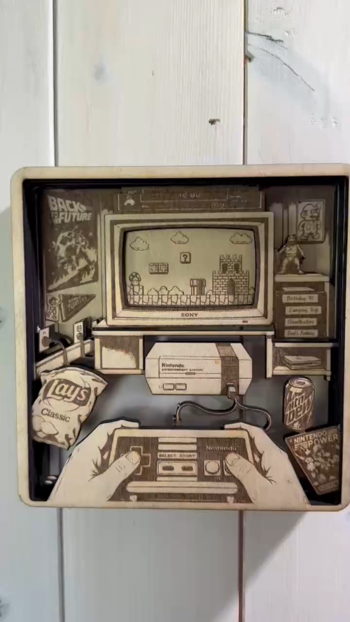 [Laser cut and engrave] Layered Retro Gamer View living room Nintendo 80s