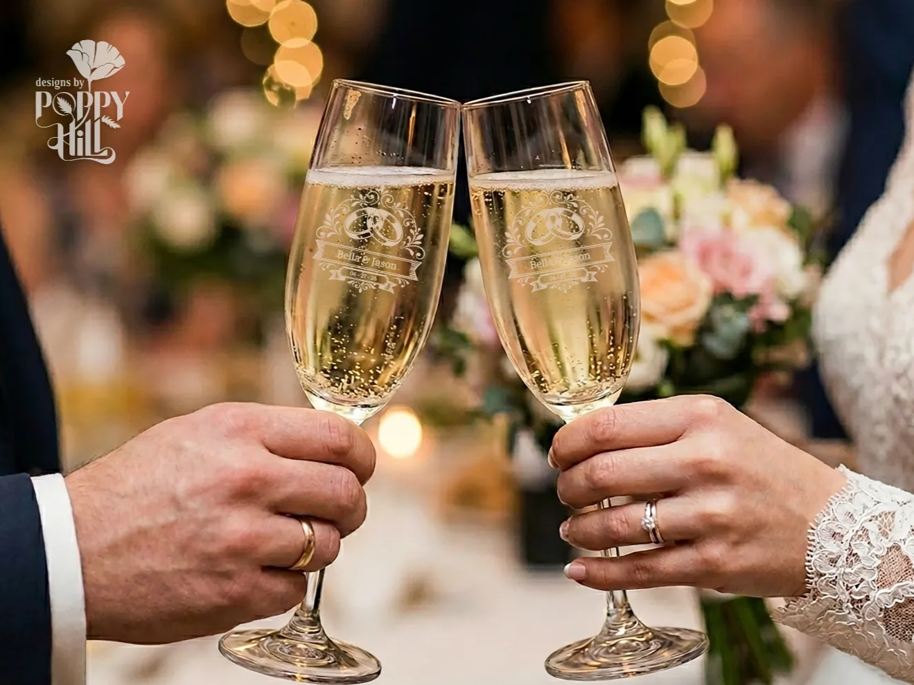 Personalized Wedding Toasting Flutes with Ring Motif wedding gift design