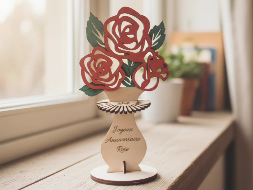Wooden vase holding laser cut red rose bouquet