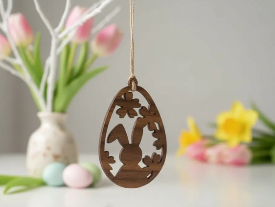 Hanging Easter egg ornament with bunny and flower motif