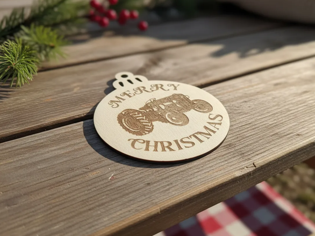 Laser Cut Wooden Merry Christmas Tractor Ornament