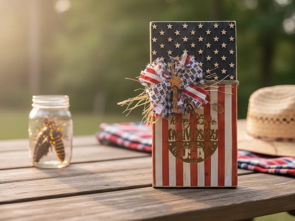 American Flag Themed 250th Anniversary Commemorative Wooden Block — free patriotic laser/print project file on Atomm