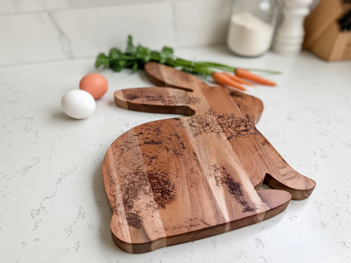 Laser Engraved Bunny-Shaped Serving Board with Peony Design cutting board design