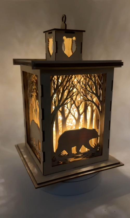 [Laser cut and engrave] Large 3D Multi Layered Forest Bear Lantern with Woodland Silhouette