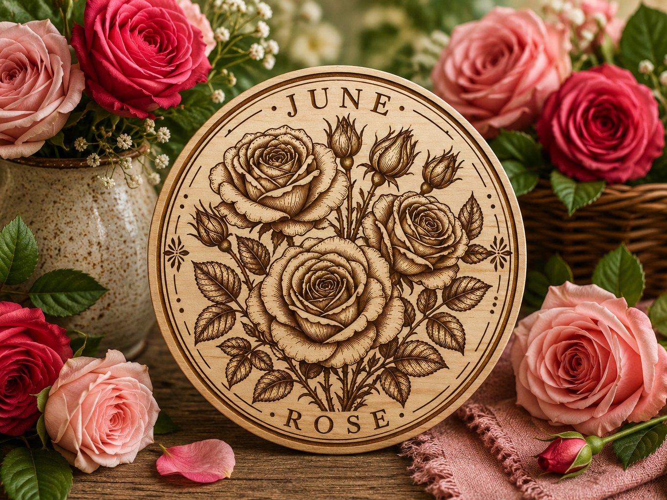Laser cut coaster featuring June's birth flower, the rose