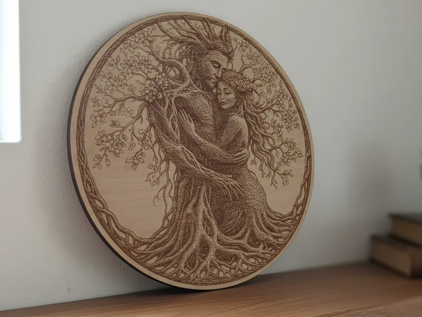 Arte da parete rotonda coppia albero della vita, idea di silhouette tagliata al laser