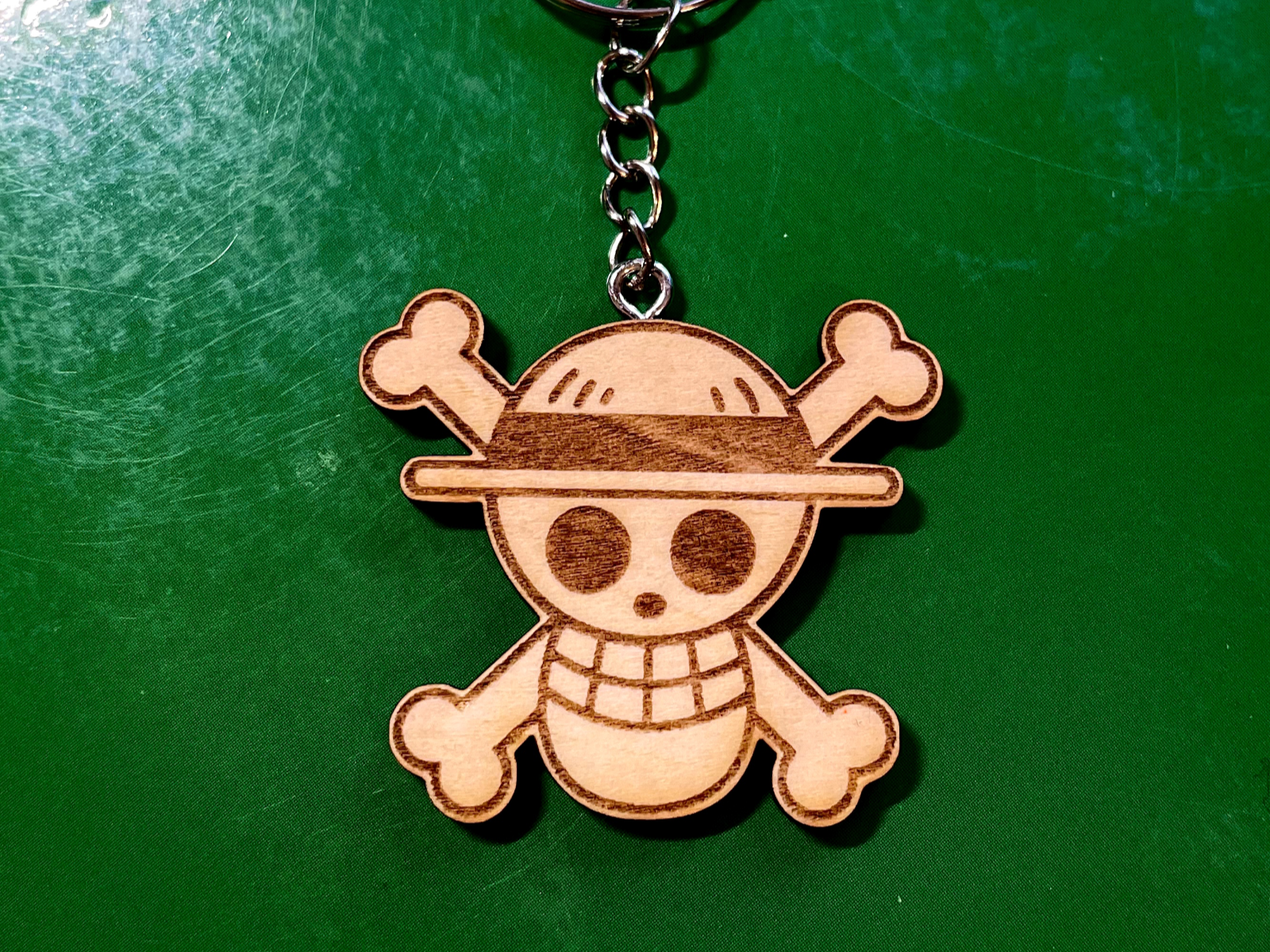 Wood Engraved Jolly Roger Skull Keychain design idea