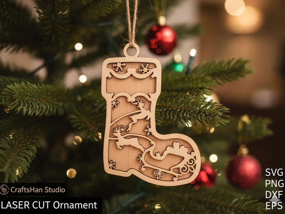 Wooden christmas stocking ornament with engraved santa design