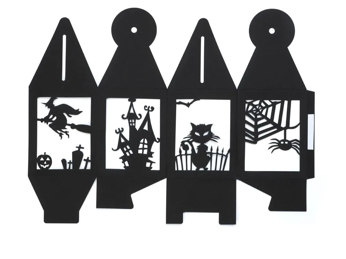 Lampa na Halloween z czarownicą, kotem i pajęczyną pomysł na dekorację na Halloween