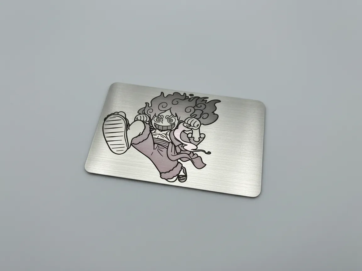 Stainless steel wallet card engraved with Gear 5 Luffy action pose gift idea