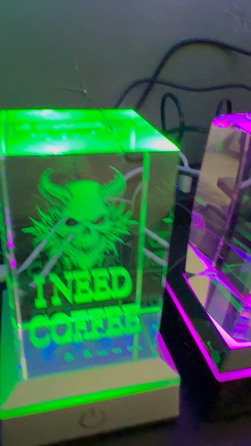 [Laser cut and engrave] I Need Coffee Skull Graphic Lighted Crystal Block