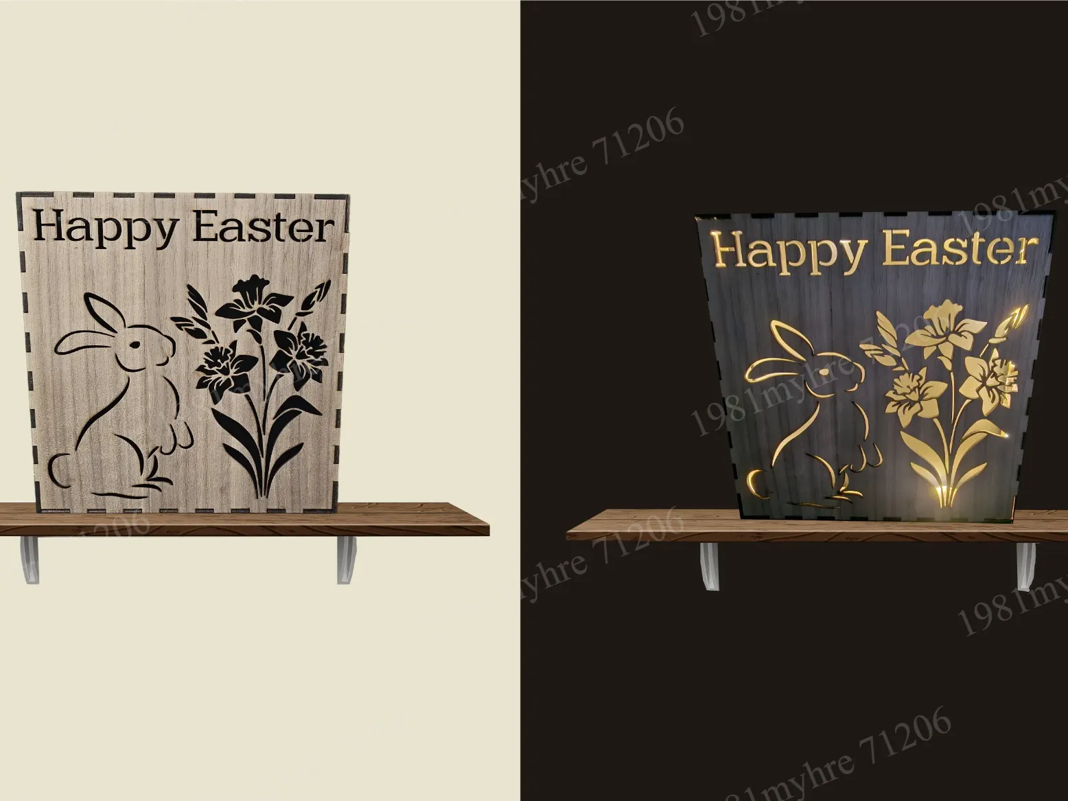 Laser cut Easter lighted wall decoration glowing on a wall