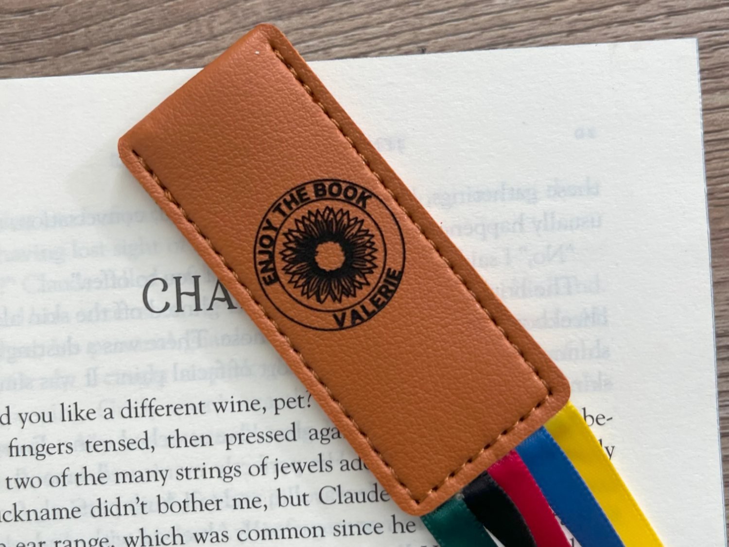 Leather Bookmark: Sunflower, "Enjoy the Book" with Name mother's day gift design