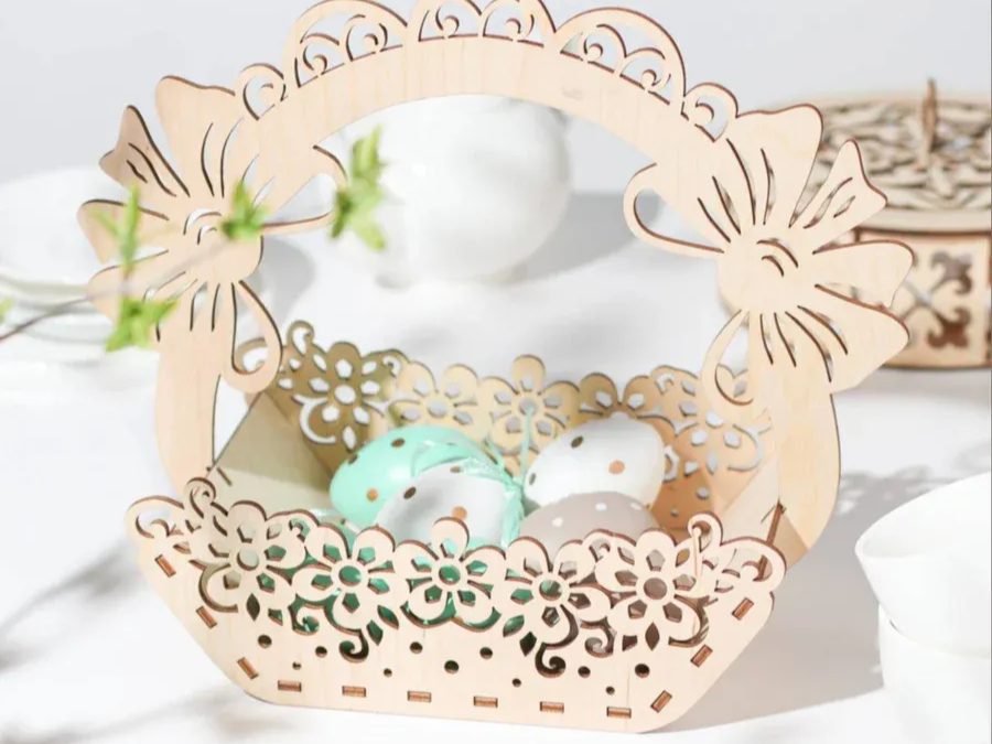 Wood Basket with Flower Engravings valentines day gift design