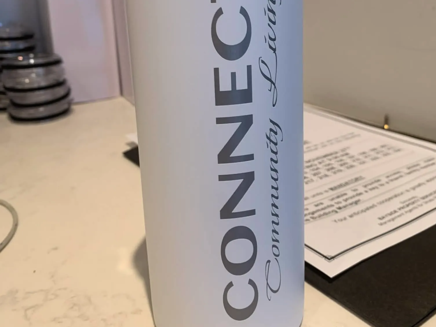 White Metal Tumbler with Community Living Text laser engraved custom tumbler idea