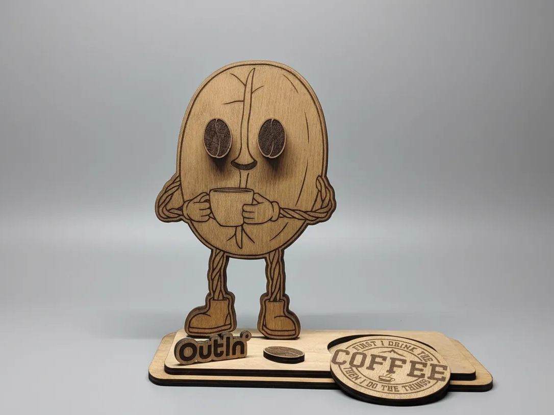 Wooden serving tray with cartoon coffee bean character and removable coaster