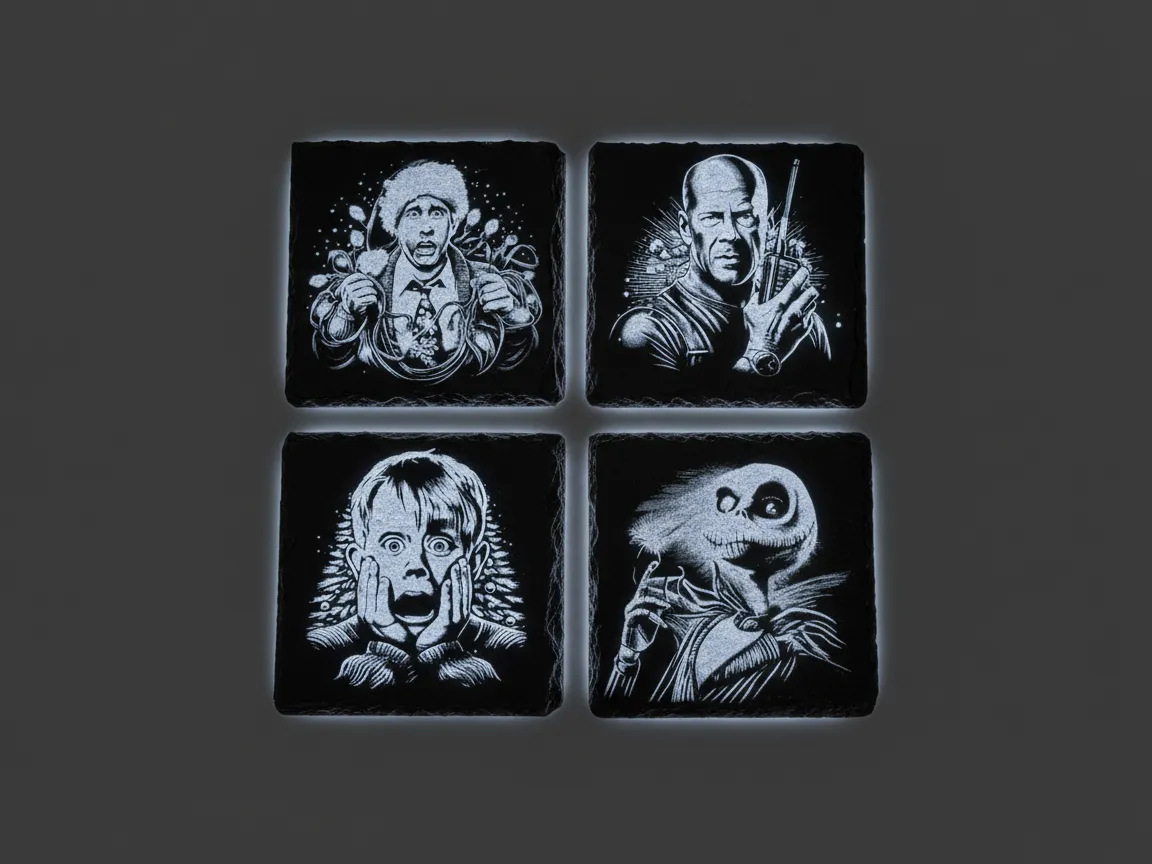 Black stone coasters engraved with pop culture character designs