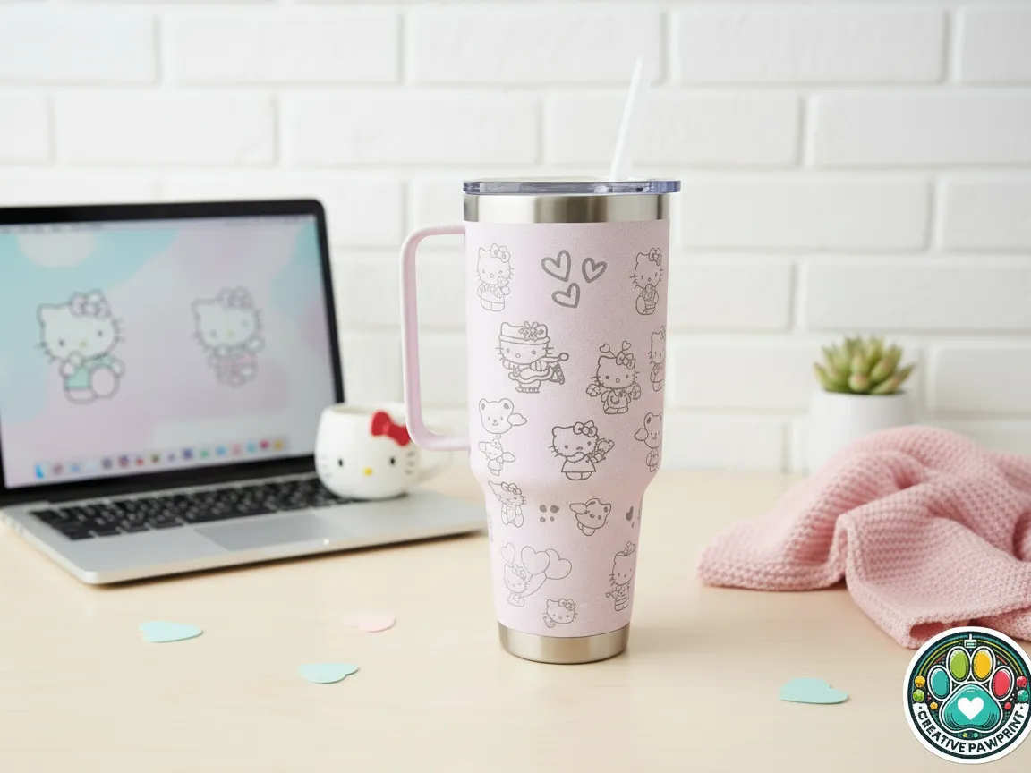 Pink insulated tumbler with handle engraved with repeating Hello Kitty pattern gift idea