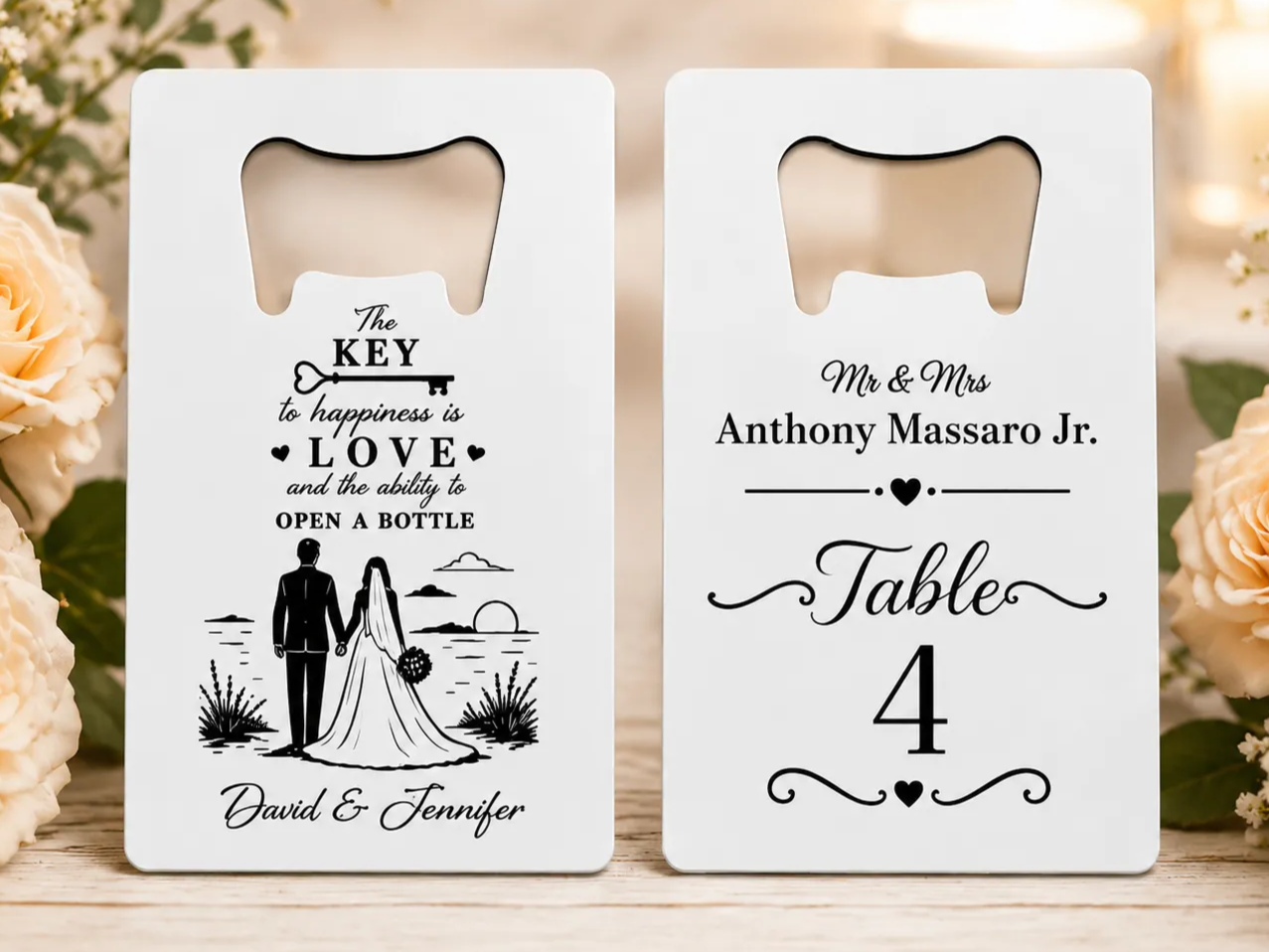 Two-Sided Engraved "Church Key" Bottle Opener Place Card wedding favor idea