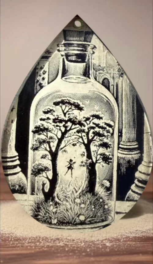 [Laser cut and engrave] Laser Engraved Fairy Bottle Glass Teardrop Ornament