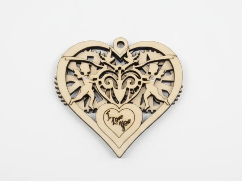 Laser Cut Wooden Heart Pendant with Cherubs and I Love You Engraving valentines day gift for her design