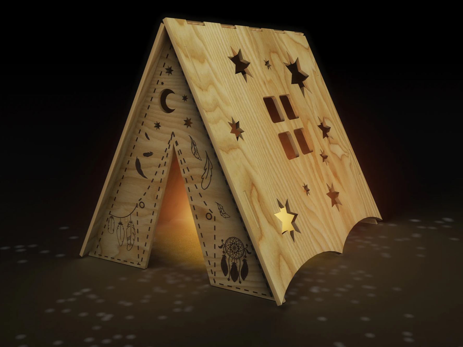 Wooden tent candle holder and night light for kids room