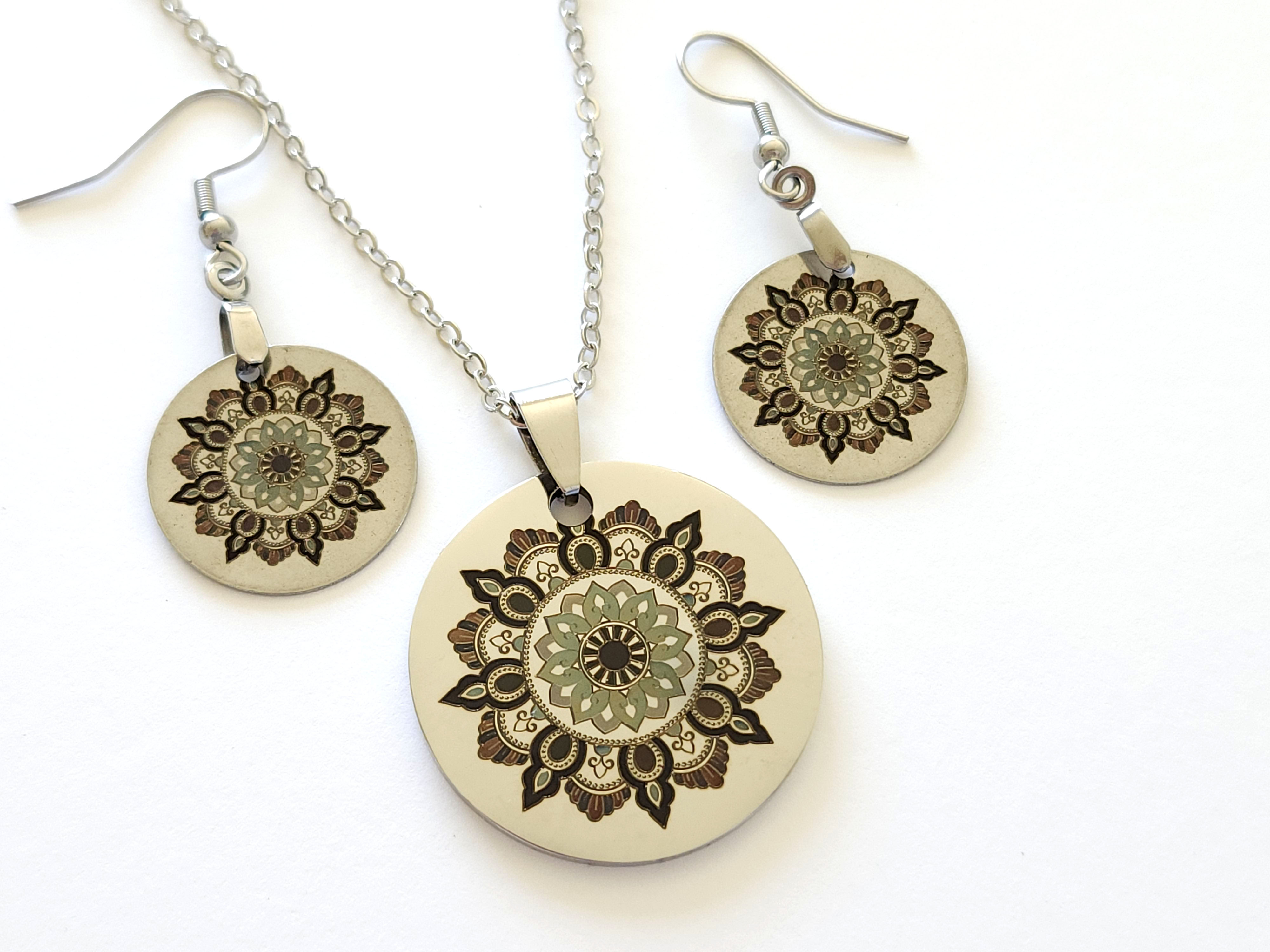 Laser Engraved Mandala Pendant Necklace and Earrings Set anniversary gift for her idea
