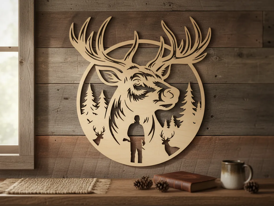 Circular deer and hunter forest silhouette wall art