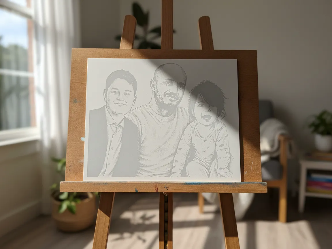 Father and Two Children Line Art Portrait gift design