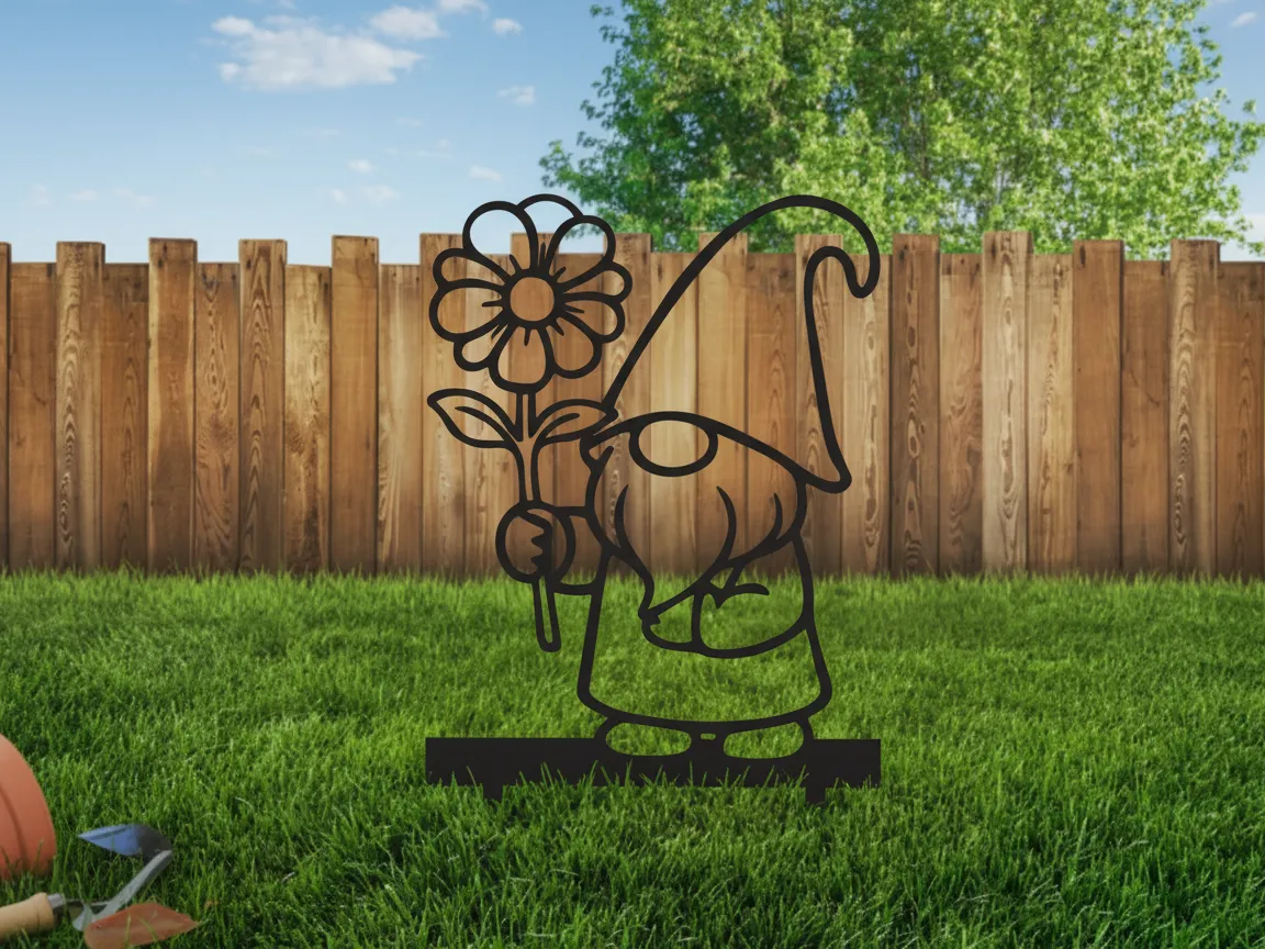 Laser Cut Metal Garden Gnome Yard Art with Flower exterior metal wall art idea