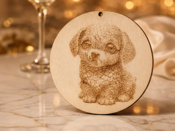 Round Wooden Ornament Featuring a Puppy Portrait personalized ornament design on Atomm