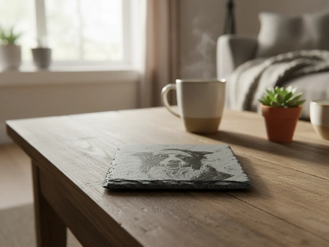 Square slate coaster engraved with a dog photo portrait on a wooden table