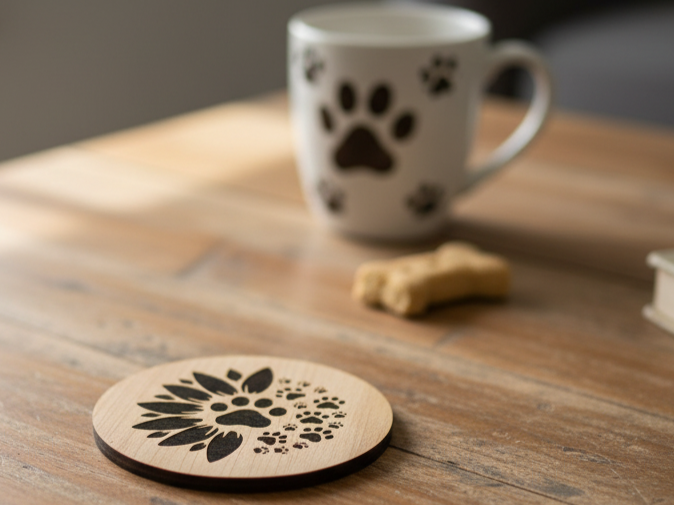 Round wooden coaster combining a sunflower with a paw print design