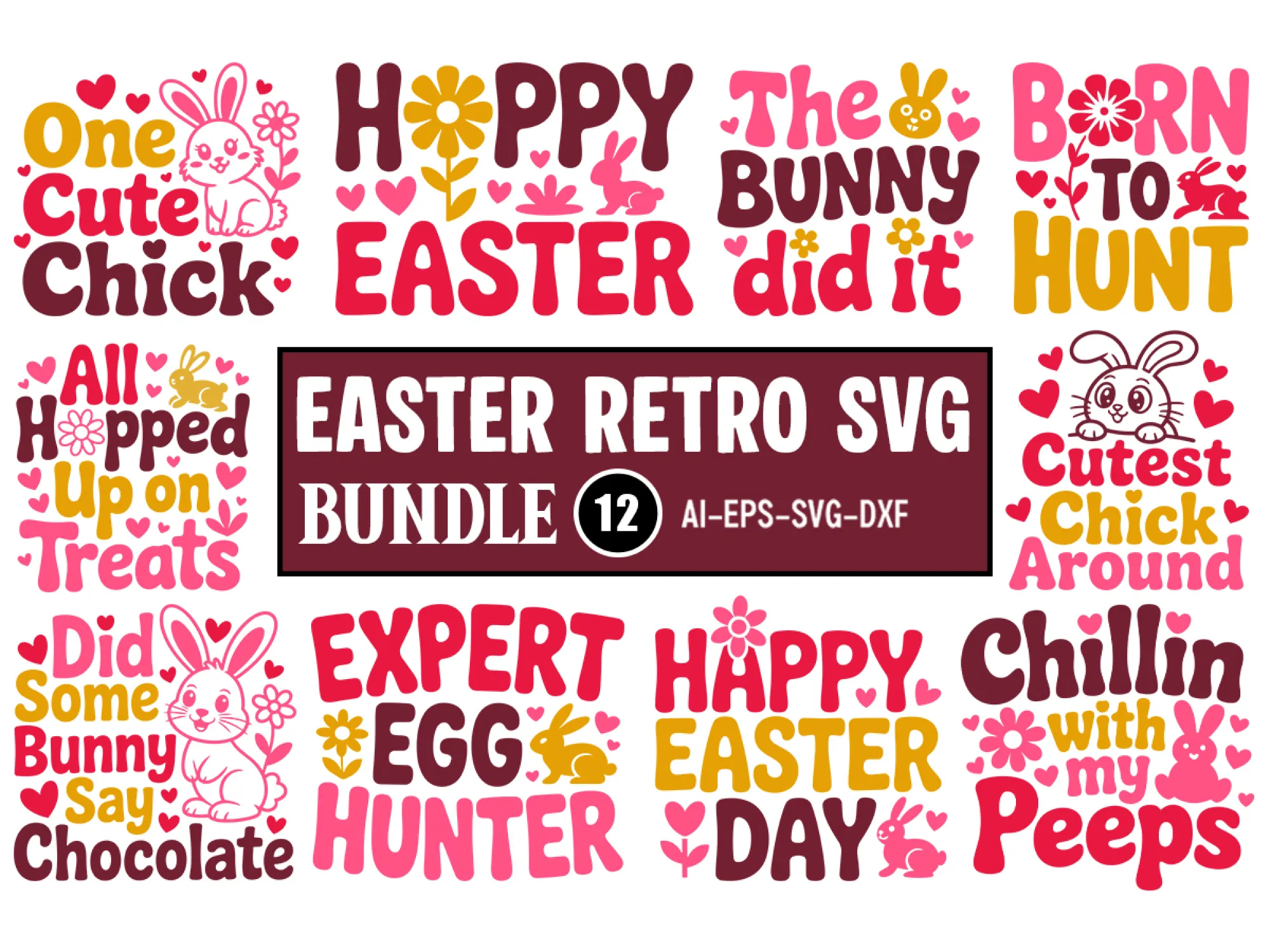 Easter Retro SVG Bundle 12 Cute Bunny and Chick Holiday Designs | Ready ...