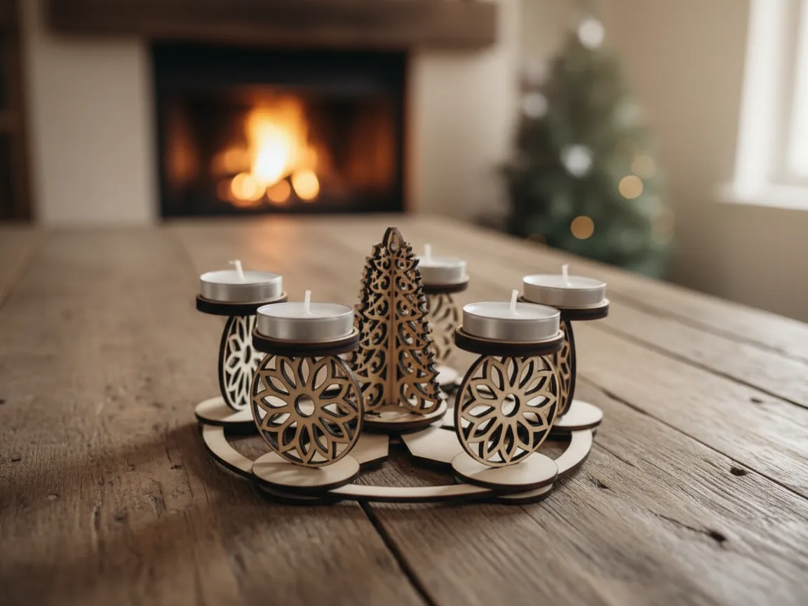 Portavelas en forma de árbol de Navidad con corona de Adviento de madera cortada con láser