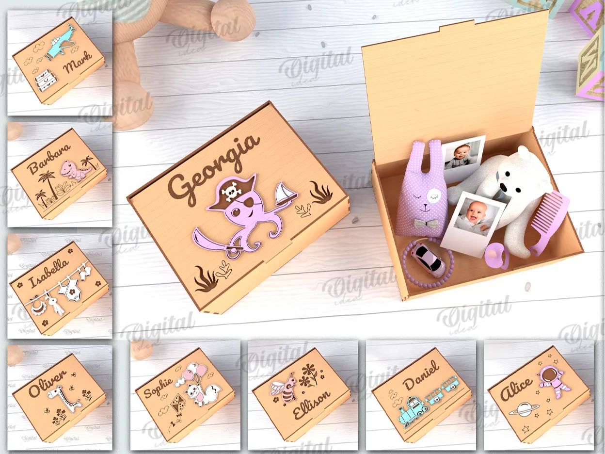 Personalized wooden reminder box bundle laser cut. 3D Wooden baby box ...
