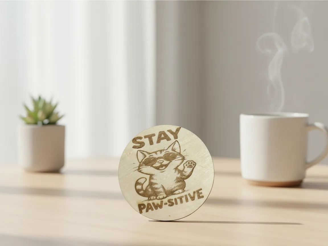 Wooden cat coaster with Stay Paw-sitive text