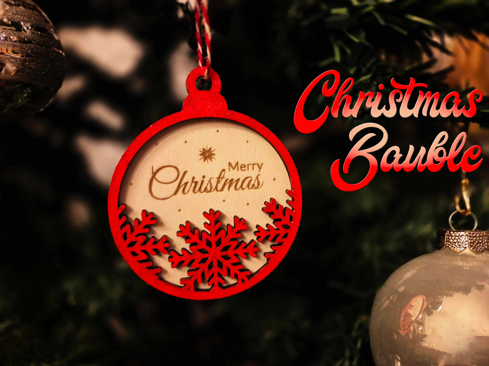 Two-layer red snowflake bauble ornament with Merry Christmas text