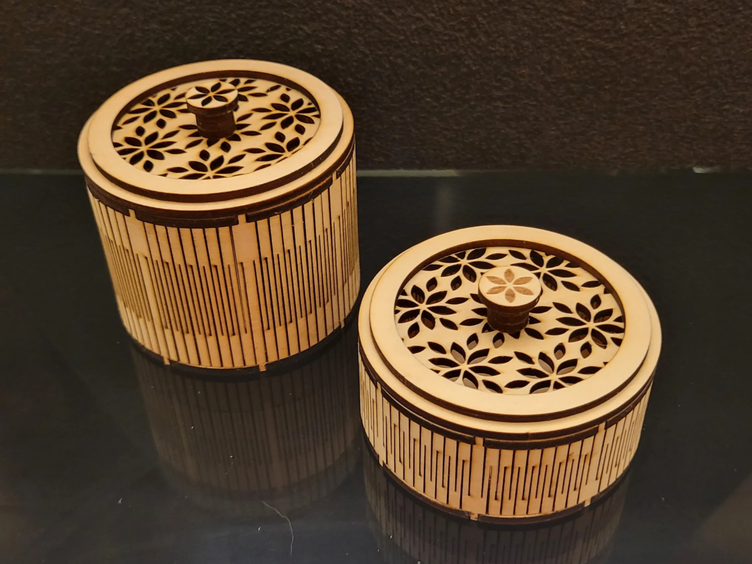 Small Round Trinket Box laser-cut design on a styled shelf