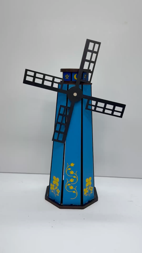 [Laser cut and engrave] Decorative blue windmill with floral patterns
