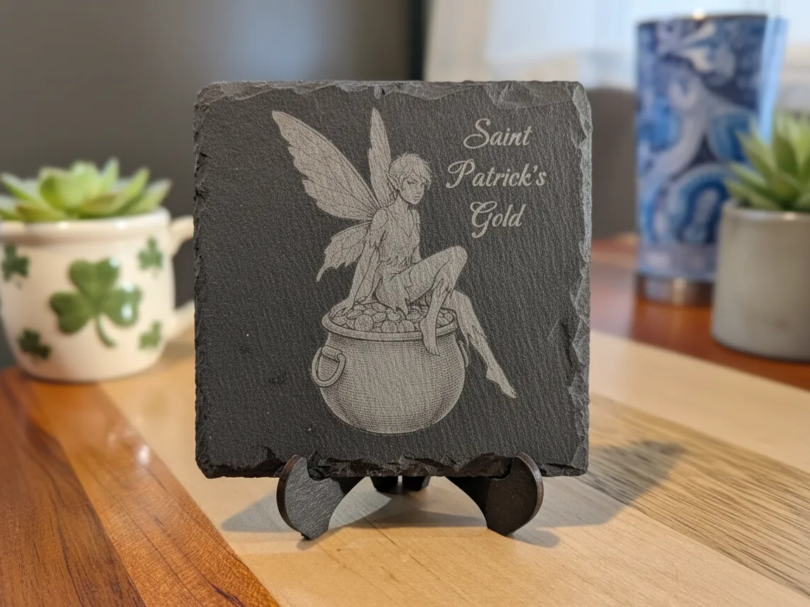 Slate coaster with a gold fairy guarding treasure for Saint Patrick's Day