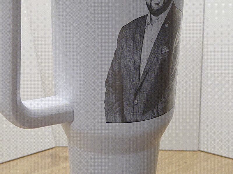 White insulated travel tumbler with custom portrait graphic