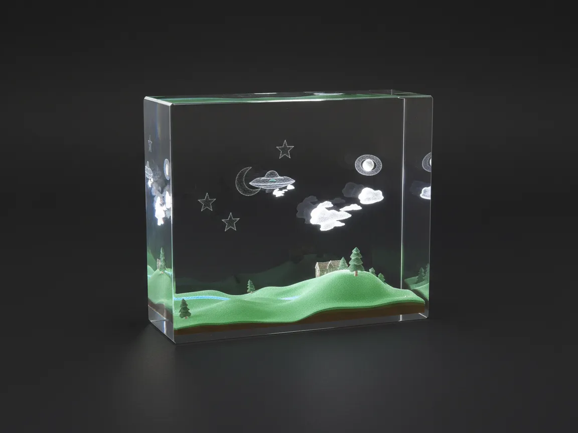 Escena en bloque acrílico con paisaje y OVNI grabado con láser | Free ...