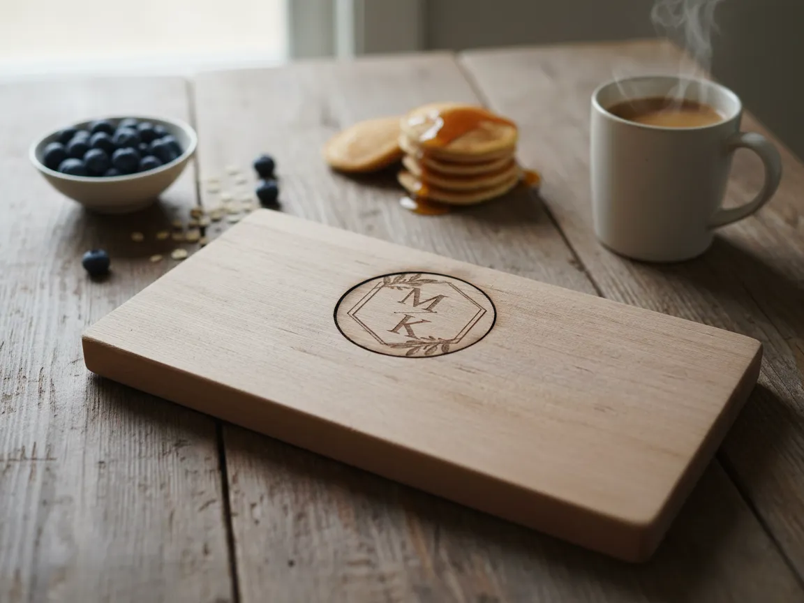 A wooden serving board with a personalized monogram