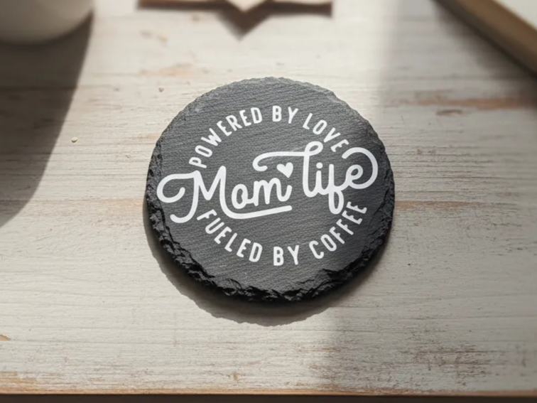 Slate Coaster: "Mom Life, Powered by Love, Fueled by Coffee" mother's day gift design