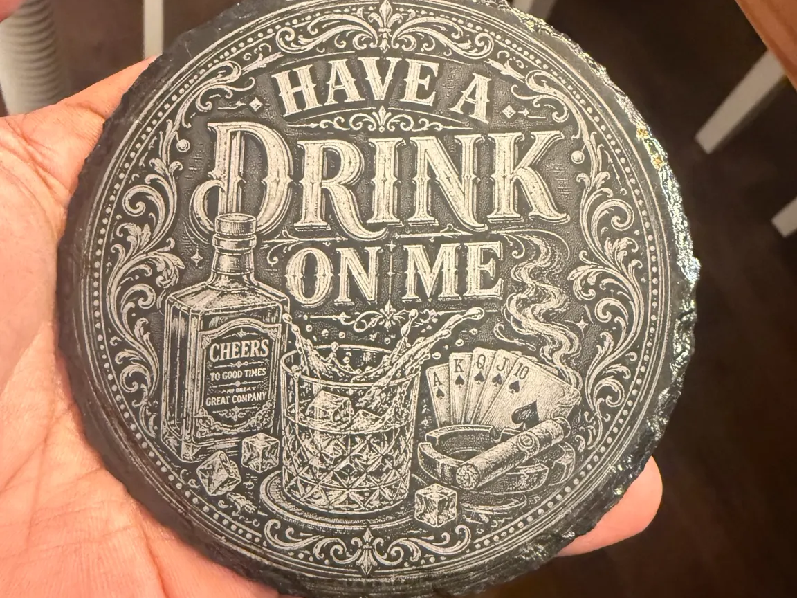 Have a Drink on Me Slate Coaster with Whiskey and Poker Motif groomsmen gift idea