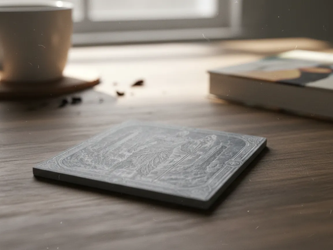 White coaster engraved with a detailed mythological fantasy figure